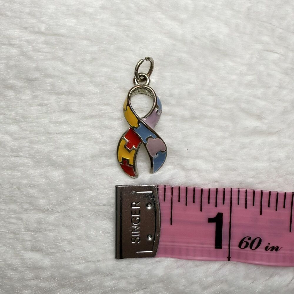 Necklace Pendant Colorful Jigsaw Puzzle Ribbon Autism Awareness Enamel Charm